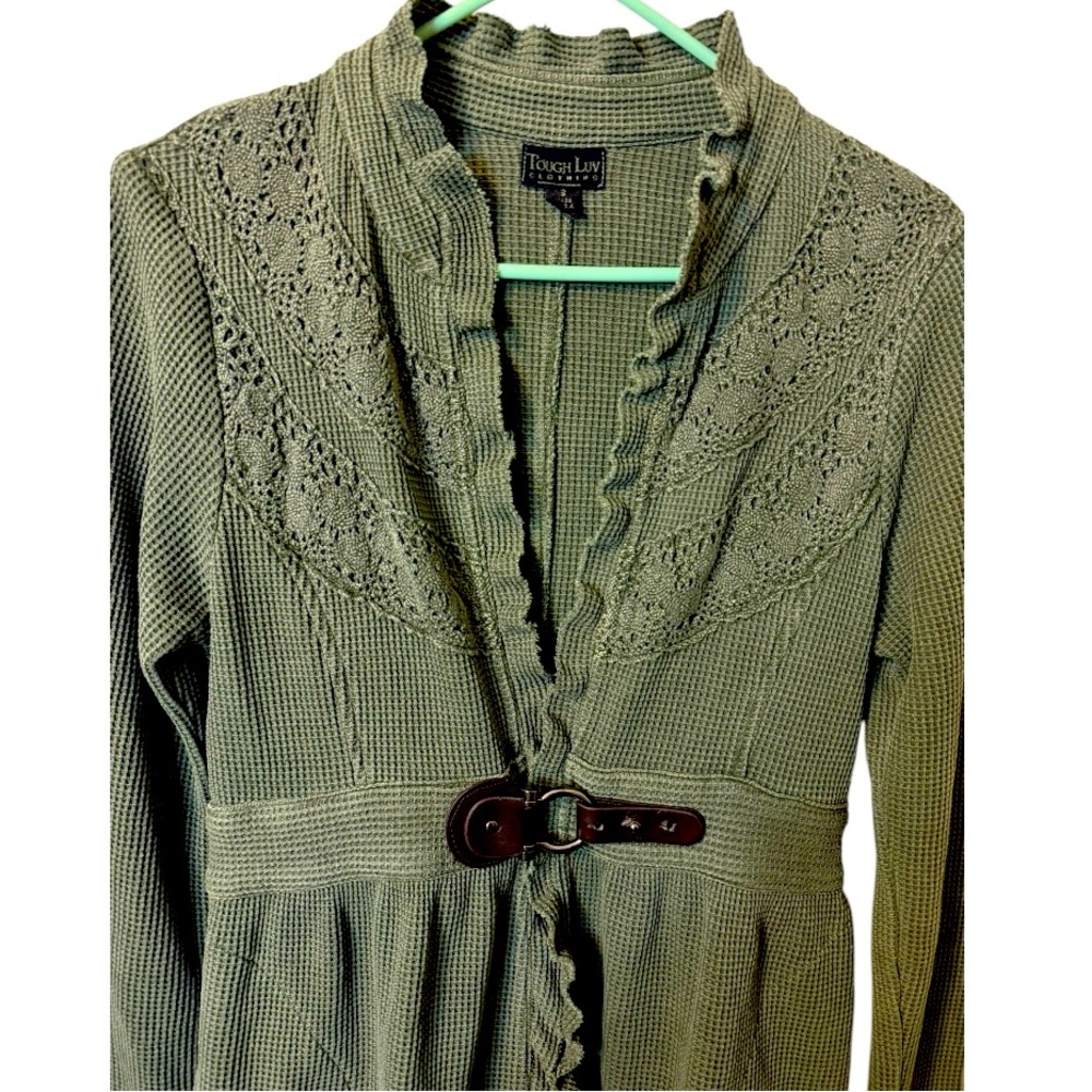 Tough Luv Waffle Knit Cardigan S Olive Green Cottagecore Sgt Pepper jacket - Picture 6 of 8